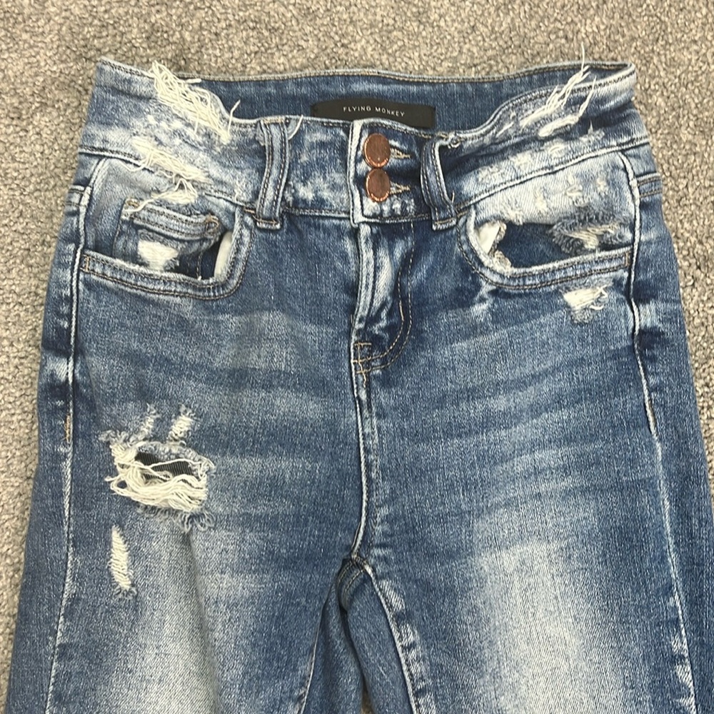Flying Monkey Distressed Medium Blue Flare Jeans - Picture 2 of 9